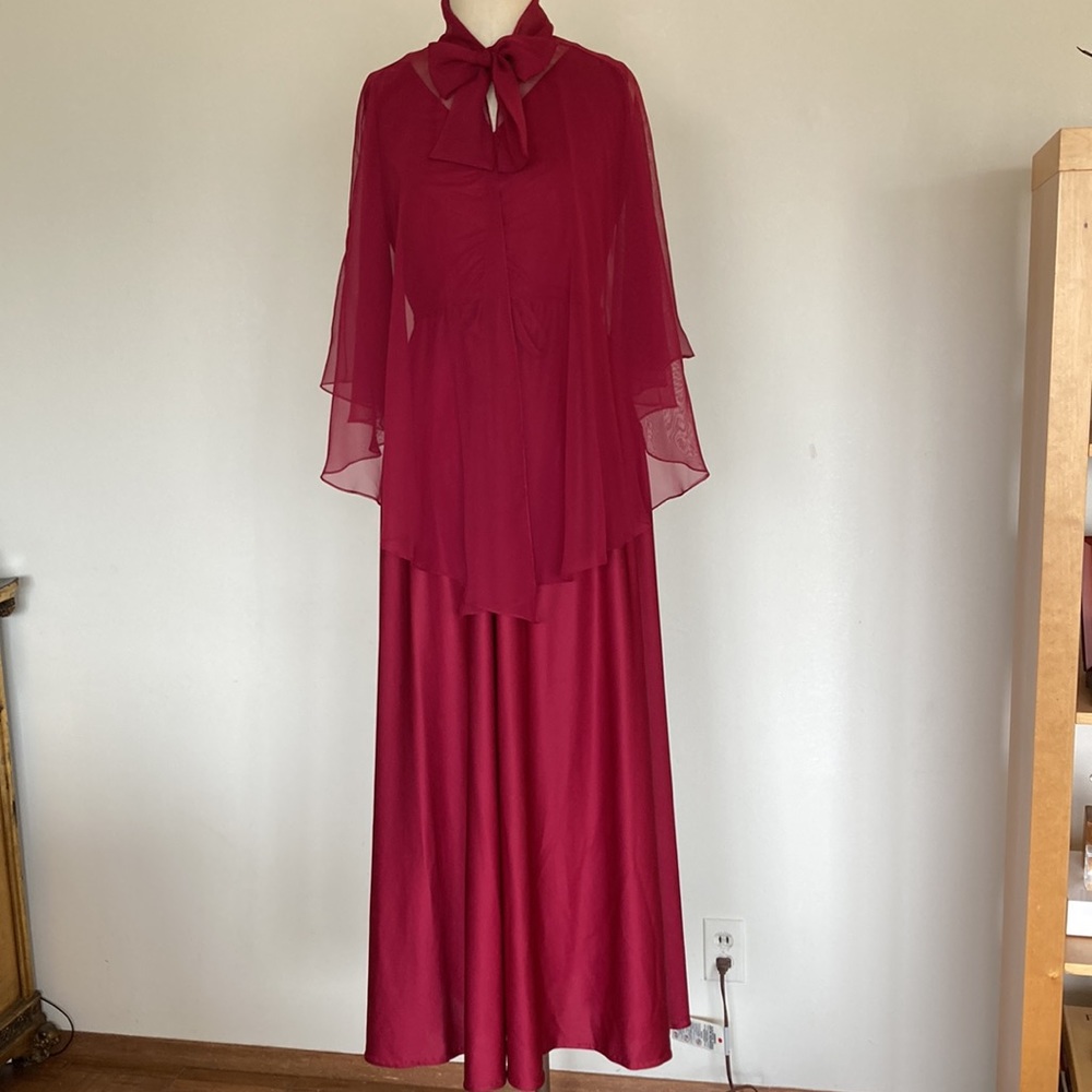 70s 2-piece set, maxi sleeveless dress and sheer floral capelet, burgundy, S - Picture 4 of 16